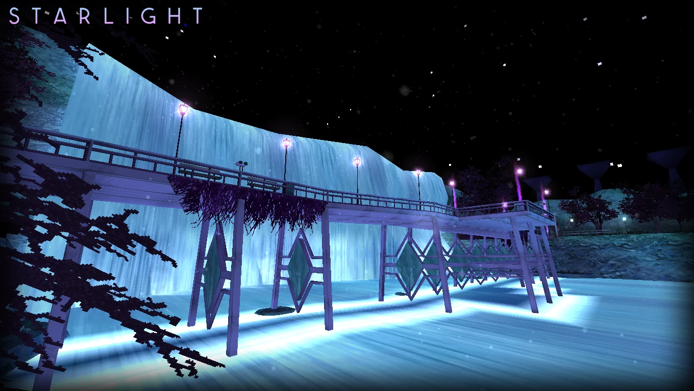 Night scene in Half-Life Starlight mod featuring a glowing waterfall behind a lit wooden bridge
