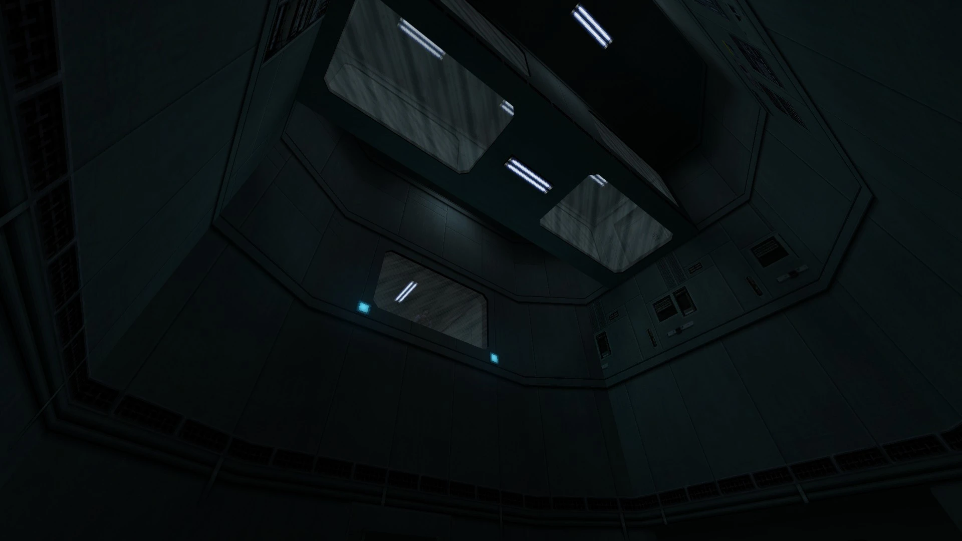 Слабо освещенная индустриальная комната с окнами, выходящими в коридор из мода Half-Life: Static Interference