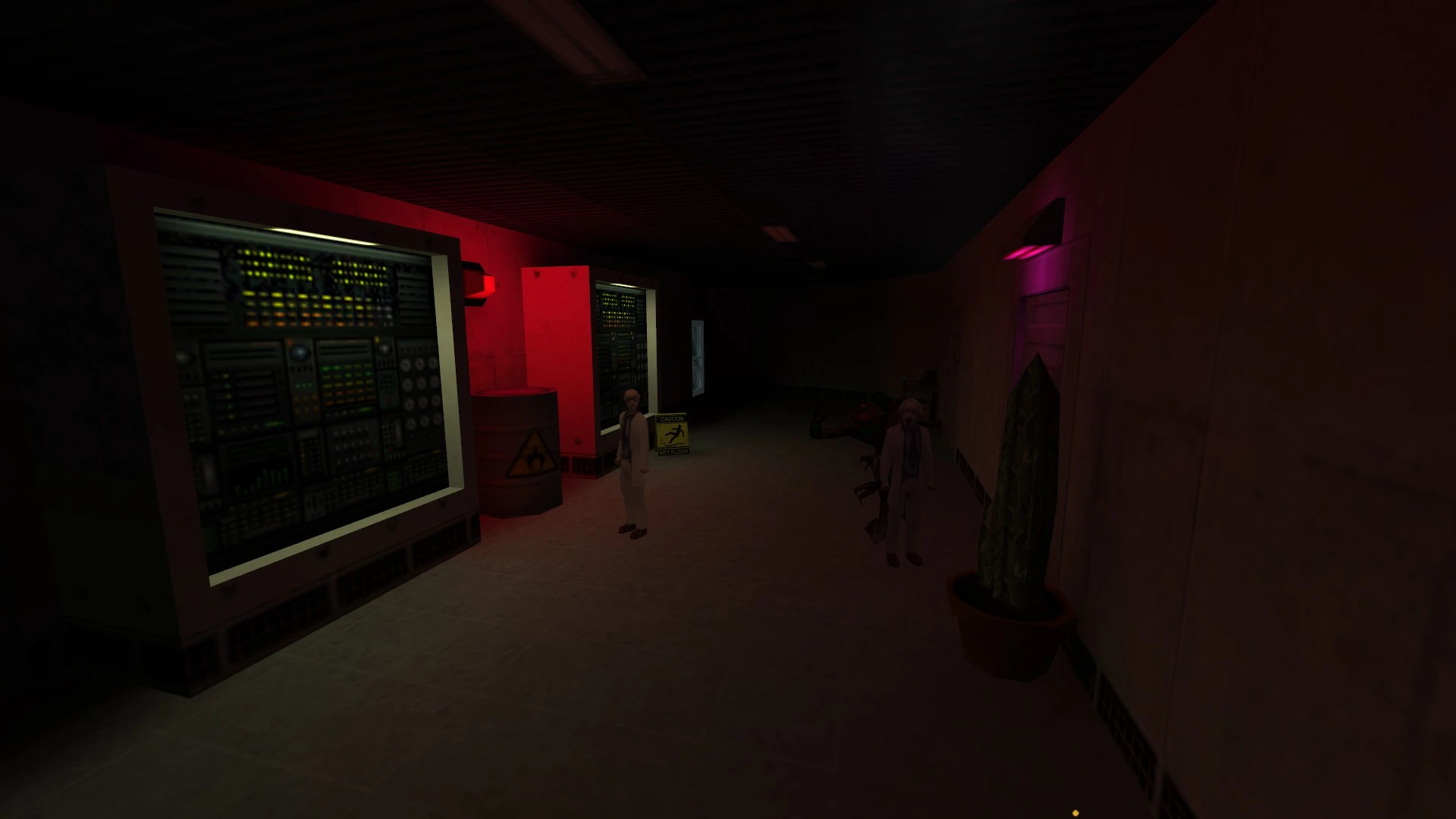 Слабо освещенный коридор лаборатории с учеными у компьютерных панелей и знаком осторожности в моде Half-Life Static Interference