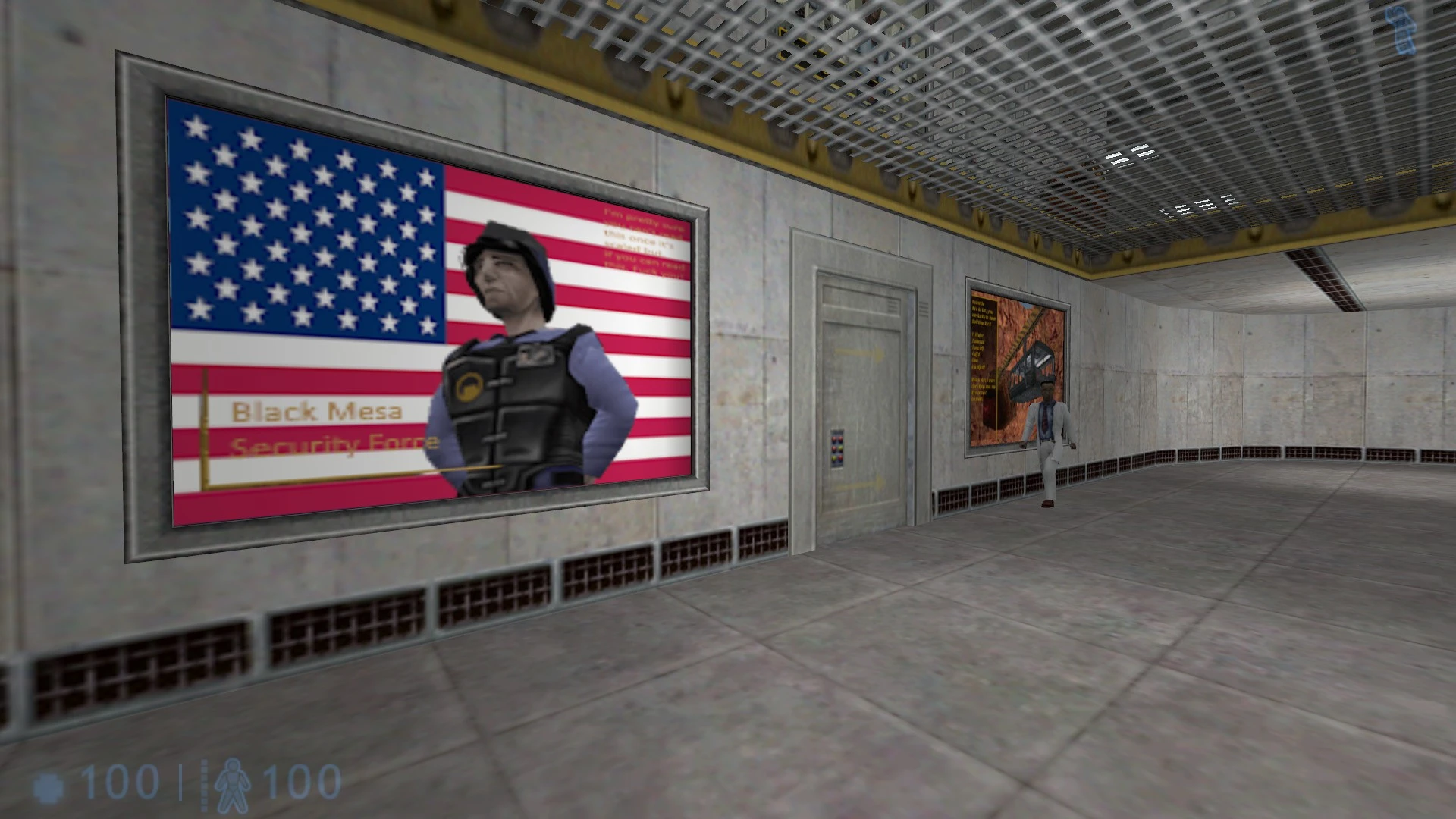 Скриншот из игры с охранником возле плаката американского флага в коридоре мода Half-Life Static Interference