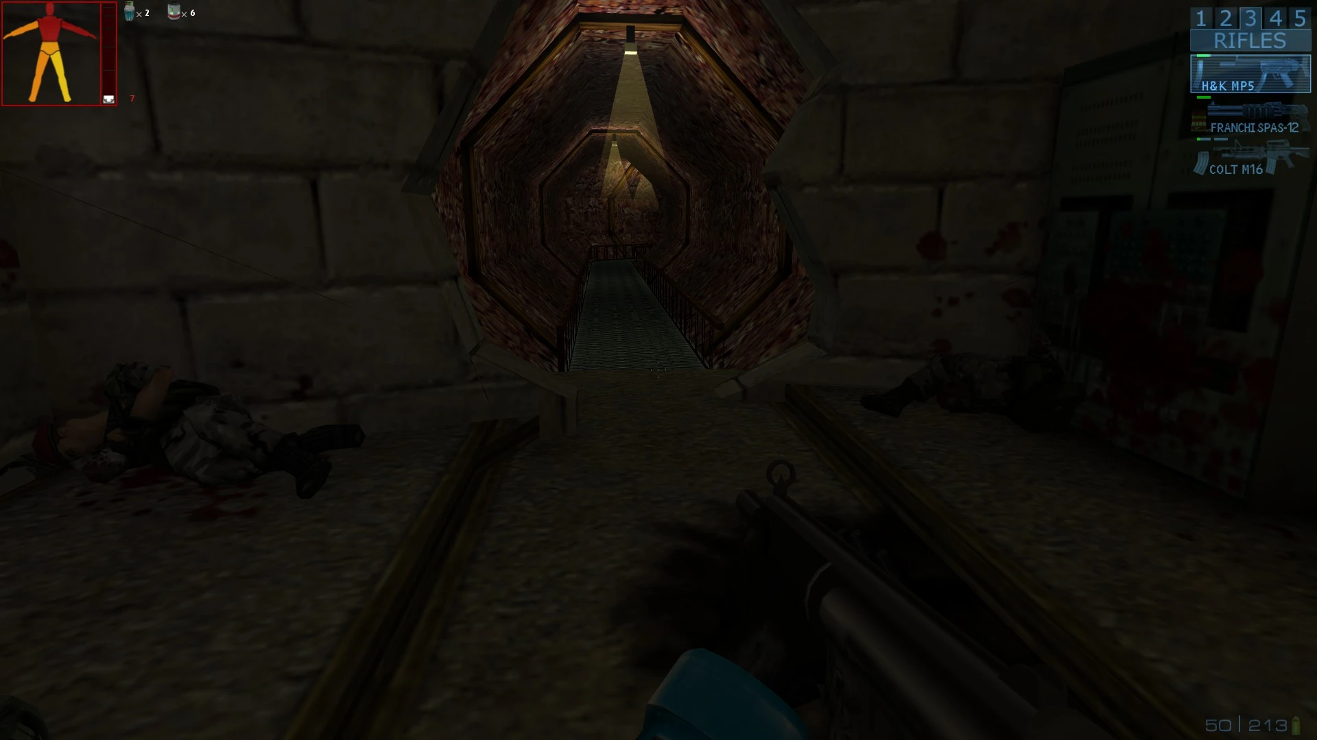 Vista en primera persona muestra jugador armado en pasillo oscuro con soldados muertos a los lados en el mod Half-Life Sudden Invasion