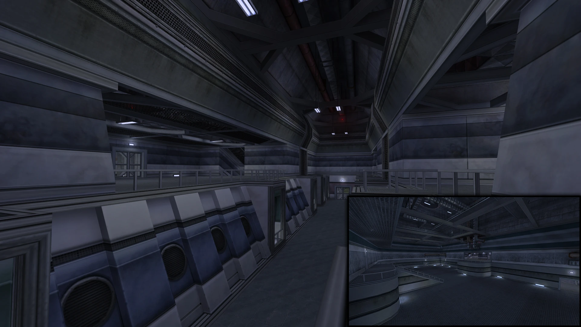 Screenshot eines dunklen Industriegebäudes mit Metallwegen und gedämpfter Beleuchtung aus dem Half-Life: Sum Mod