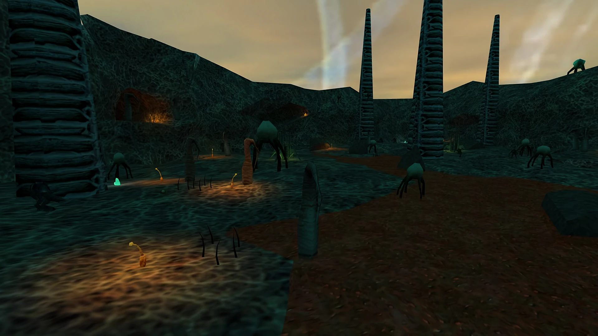 Vista en el juego de criaturas alienígenas y altas agujas orgánicas en un paisaje oscuro del mod Half-Life The Infected