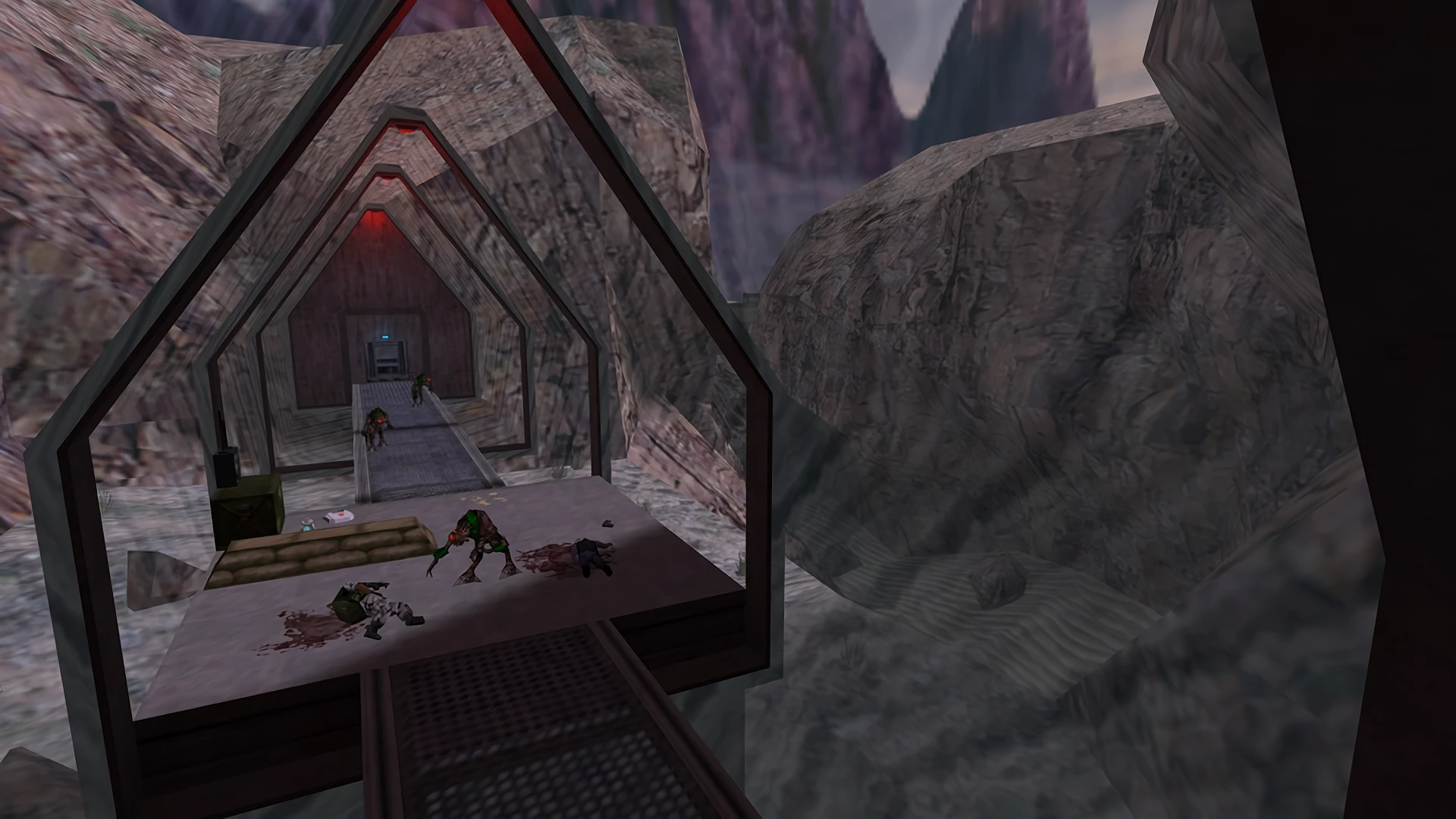 Vista de un ataque alienígena dentro de un túnel rocoso con soldados muertos en el suelo en el mod Half-Life The Infected