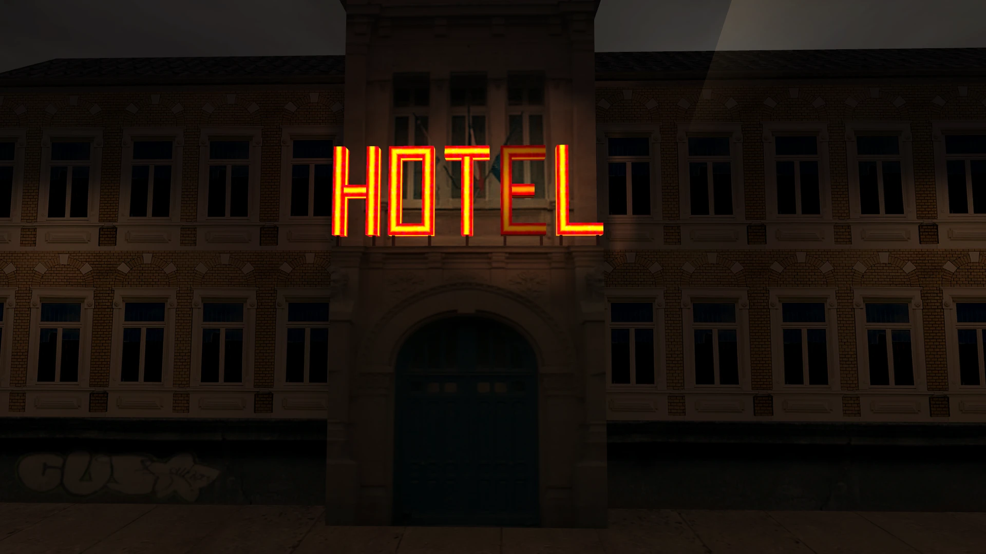 Escena nocturna con letrero luminoso rojo y amarillo de HOTEL sobre la entrada de un edificio en mod de Half-Life