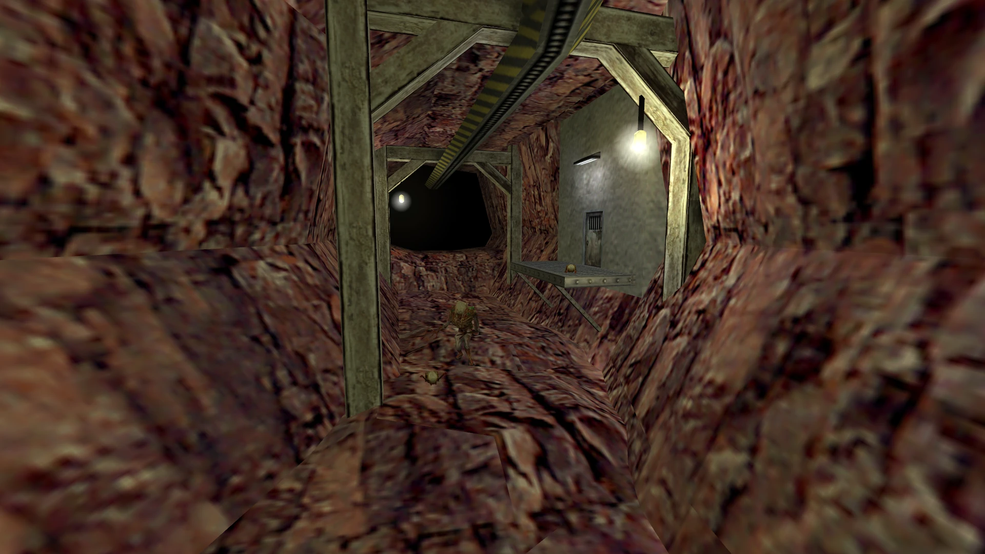 Túnel rocoso estrecho con soportes de madera y luces tenues en Half-Life Ultimate Attack Remod