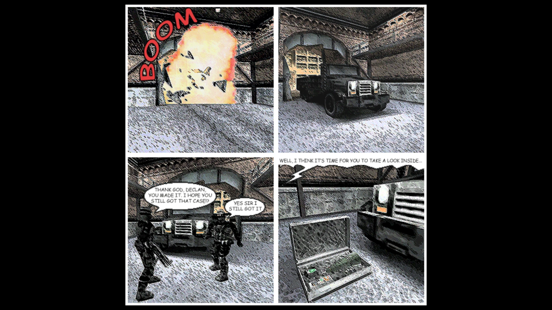 Escenas estilo cómic muestran explosión, soldados armados junto a camión y maletín con equipo en mod de Half-Life