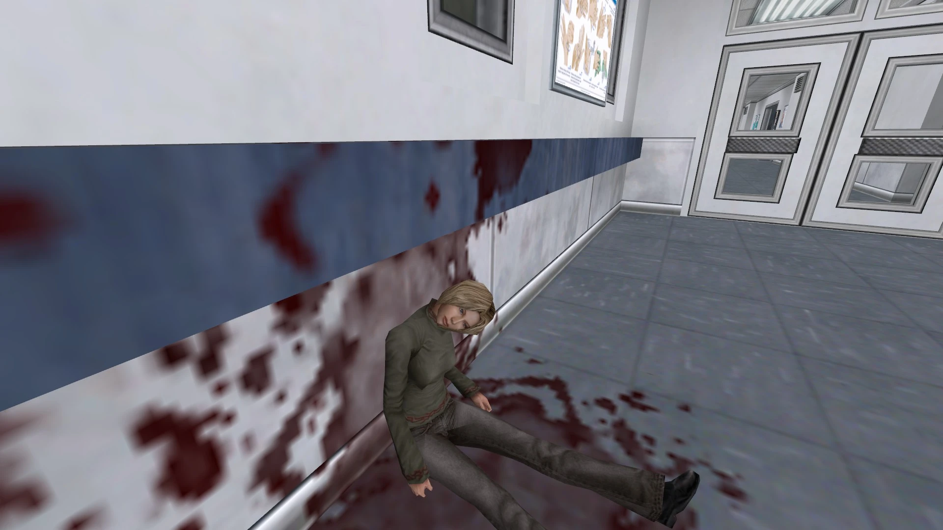 Eine NPC-Frau in Freizeitkleidung lehnt an einer blutbefleckten Krankenhauswand im Half-Life Urbicide Mod