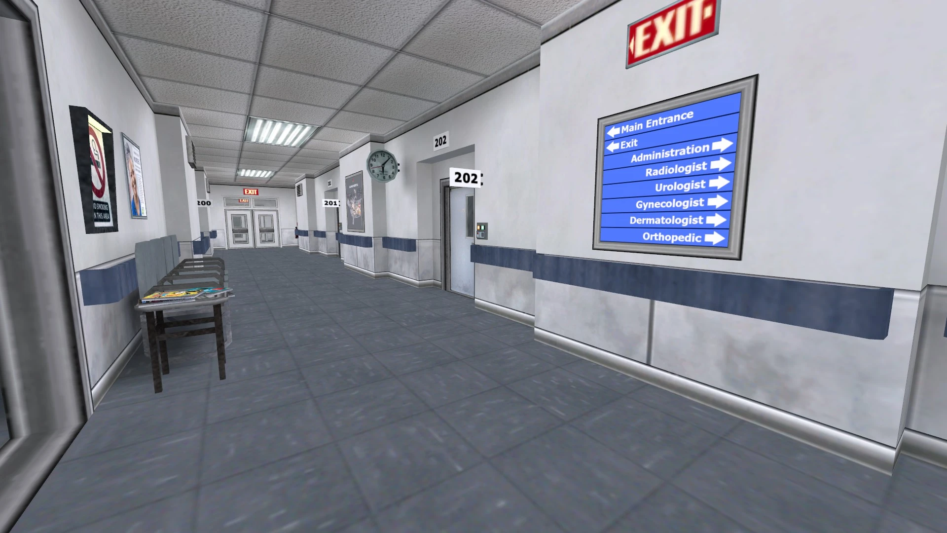 Krankenhausflur aus dem Half-Life Urbicide Mod mit Türen, Ausgangsschildern, Bänken und Abteilungsanzeigen