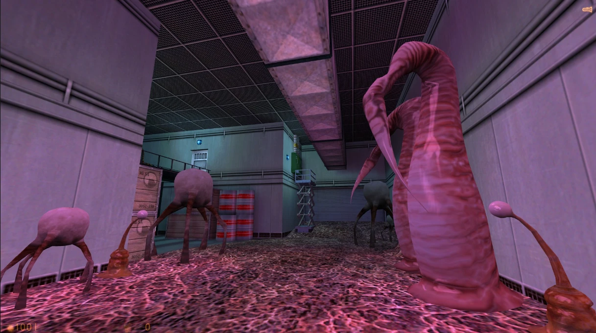 Screenshot aus der Half-Life Walter Mod mit mehreren außerirdischen Kreaturen in einem rosa Laborflur