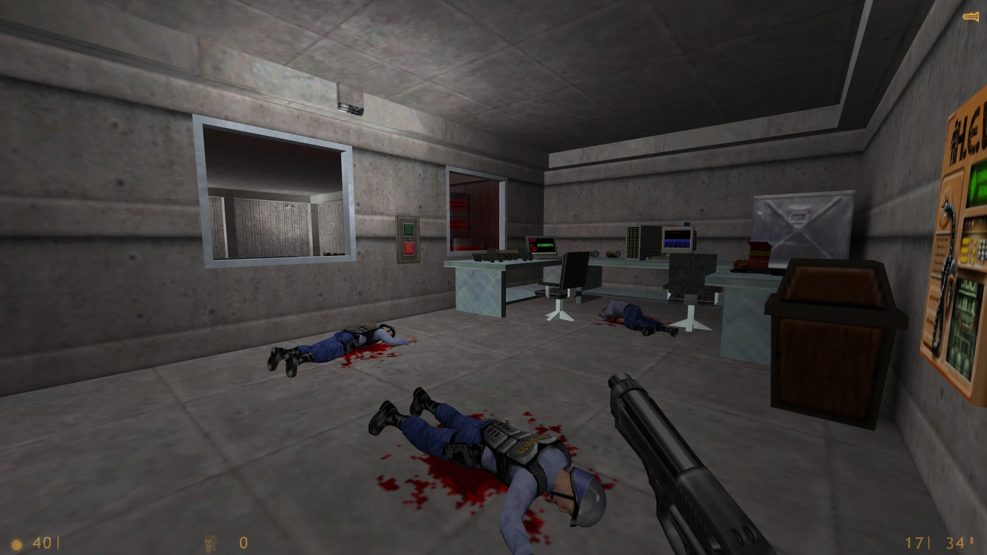 Screenshot des Half-Life Walter-Mods mit toten Wachmännern und Schrotflinte in Betonraum