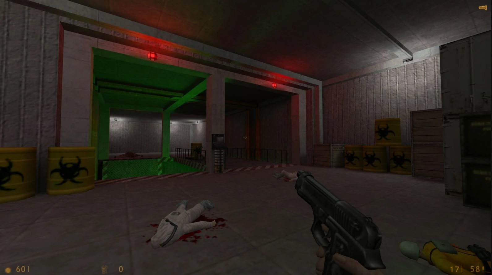 Erste-Person-Sicht im Half-Life-Mod Walter mit industriellem Innenbereich, biologischen Gefahrenfässern und bewaffnetem Spieler