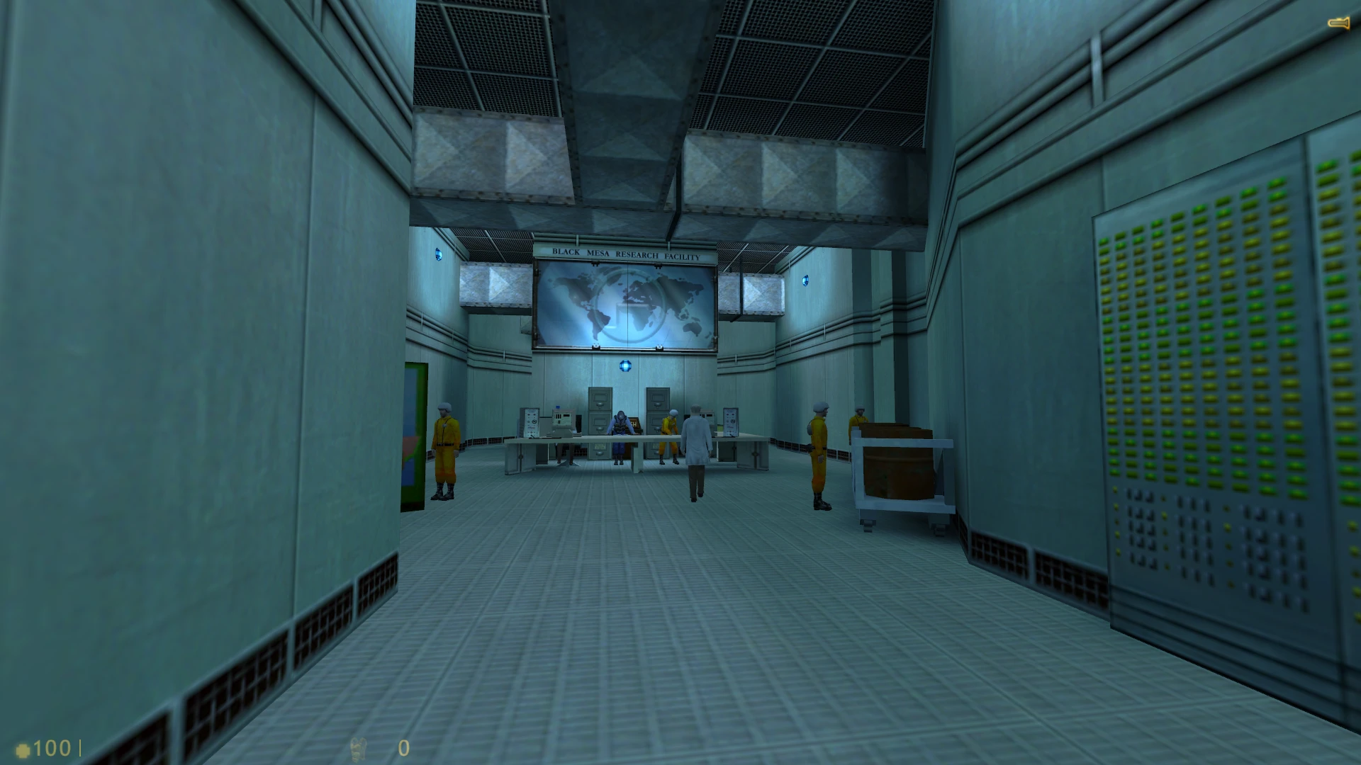 Blick auf einen großen Raum in der Black Mesa Forschungseinrichtung mit Wissenschaftlern und Sicherheit im Half-Life Walter Mod
