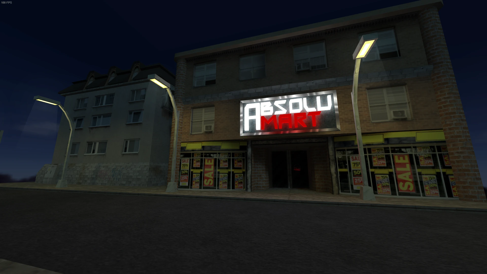 Słabo oświetlona ulica nocą z frontem sklepu AbsoluMart i sąsiednimi budynkami w modzie Half-Life WAR