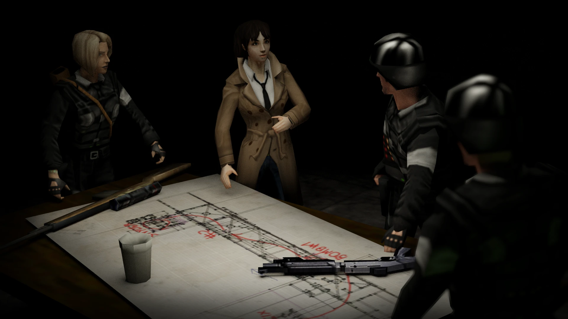 Cztery postacie stoją wokół stołu z mapą i bronią w modzie Half-Life WAR