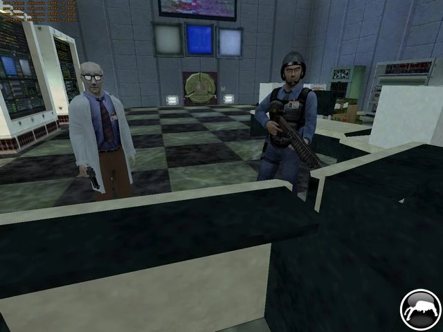 Screenshot aus dem Half-Life Zombie Edition Mod mit Wissenschaftler und Soldat bewaffnet im Kontrollraum