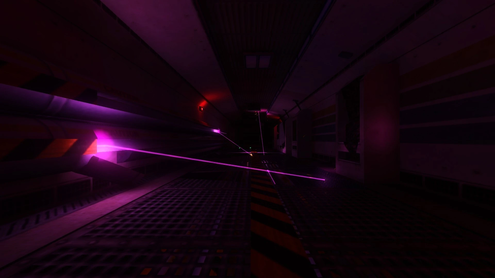 Corredor oscuro de ciencia ficción iluminado por rayos láser morados cruzados en el mod Hard - Life de Half-Life
