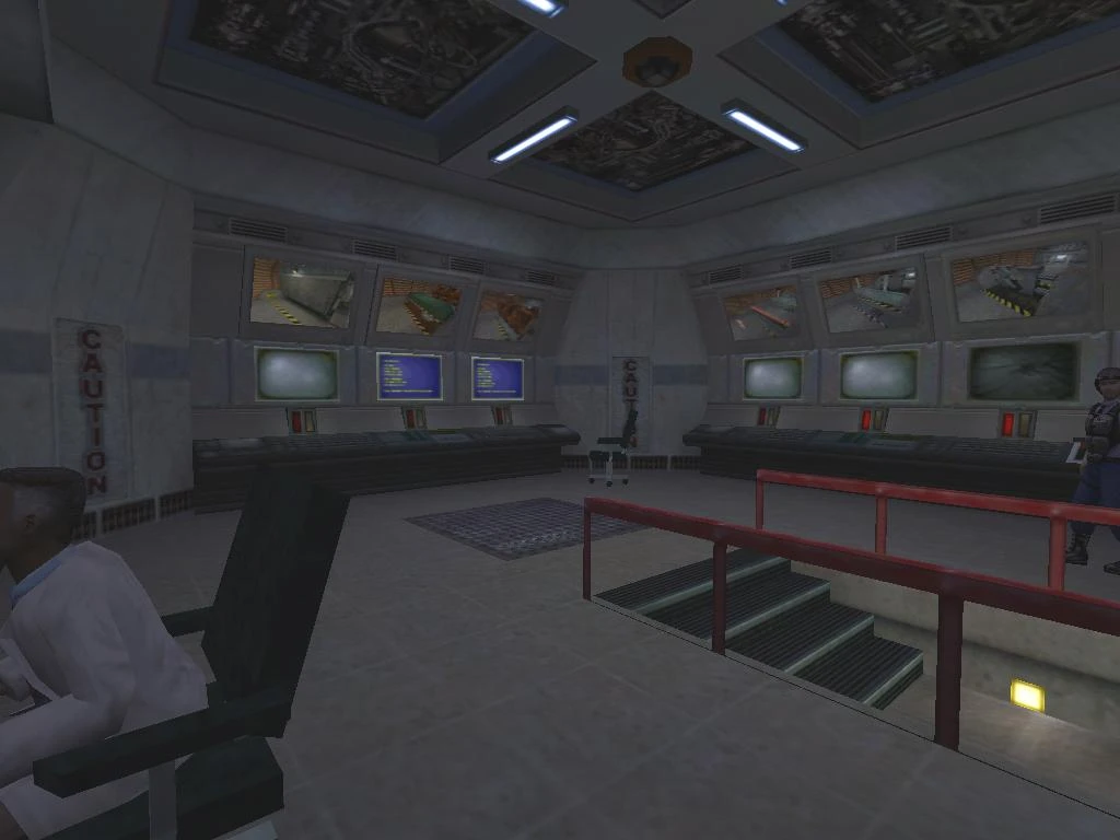 View of a control room with multiple monitors and two characters in Half-Life Hazardous-Course 2 mod