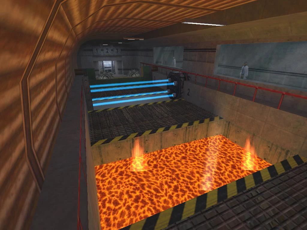 Half-Life mod Hazardous-Course 2 features a lava pit hazard with blue laser barriers and observers behind glass