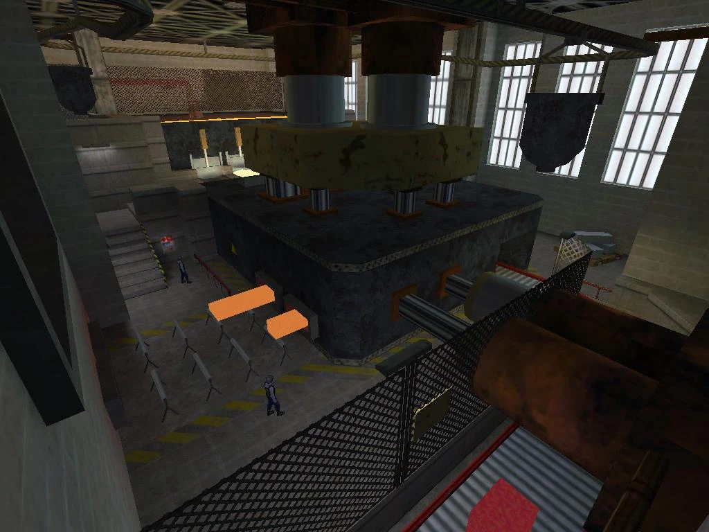 View of a large industrial machine and workspace including fences and windows inside a Half-Life mod map