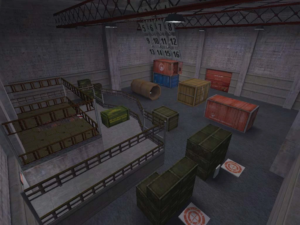 Top view of an industrial indoor obstacle course with crates, railings, and numbered targets in a Half-Life mod
