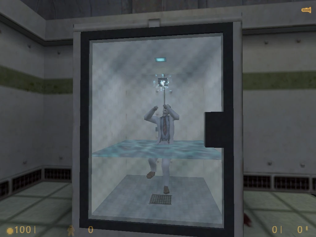 Scientist trapped in a water-filled glass chamber inside a lab in Half-Life Hazardous-Course 2 mod