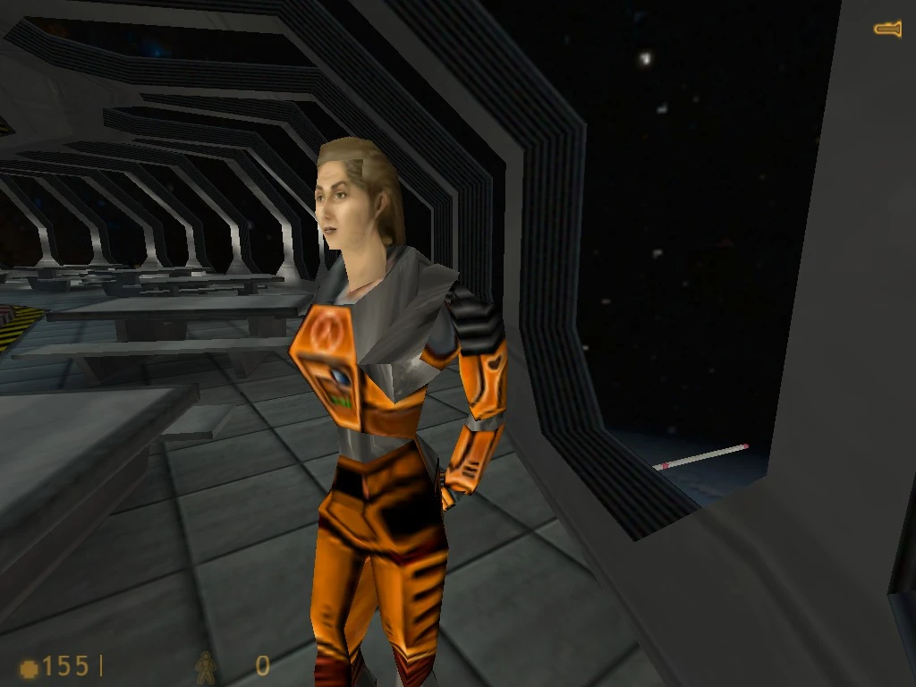 Character in orange suit walking through a futuristic corridor with large windows showing outer space in Half-Life mod