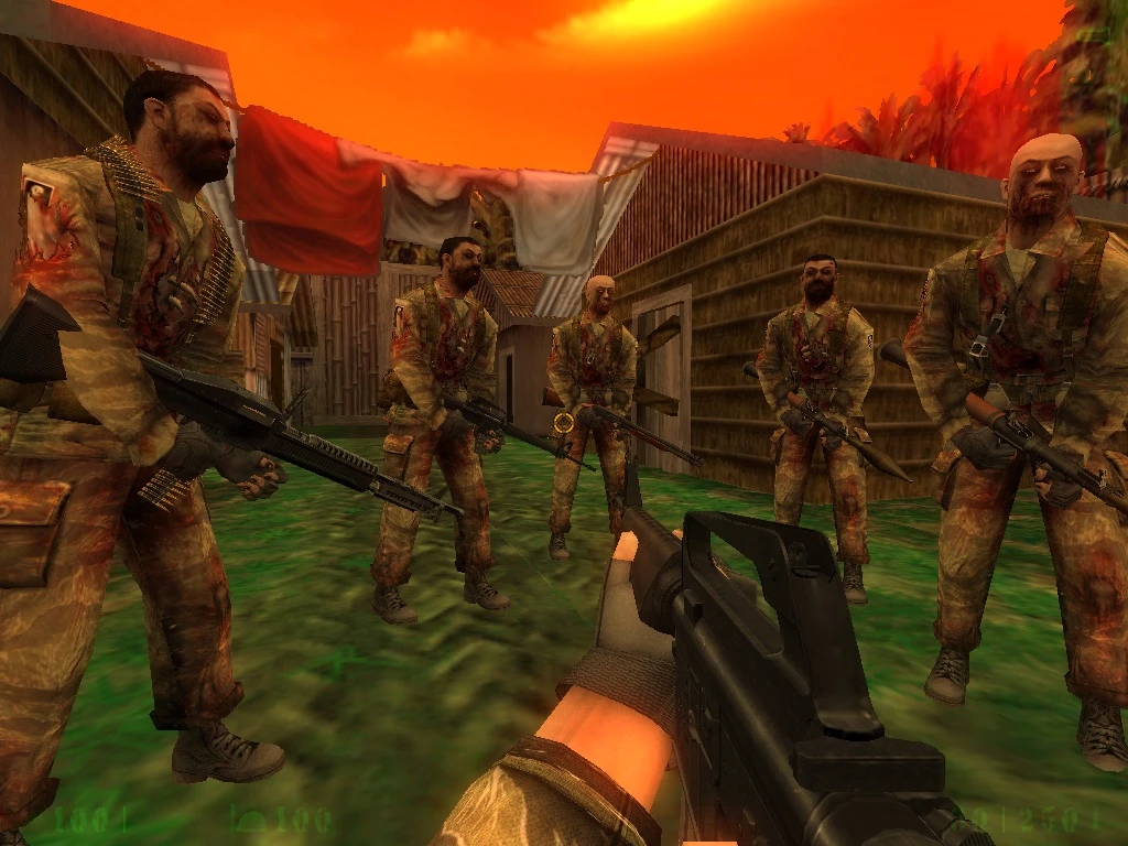 First-person view aiming a rifle at a group of zombie soldiers in a tropical village at sunset in Half-Life mod
