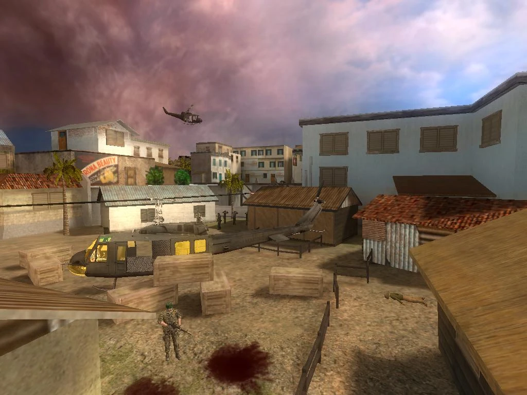 Screenshot of a Half-Life mod showing two military helicopters flying over a compound with armed soldiers and crates
