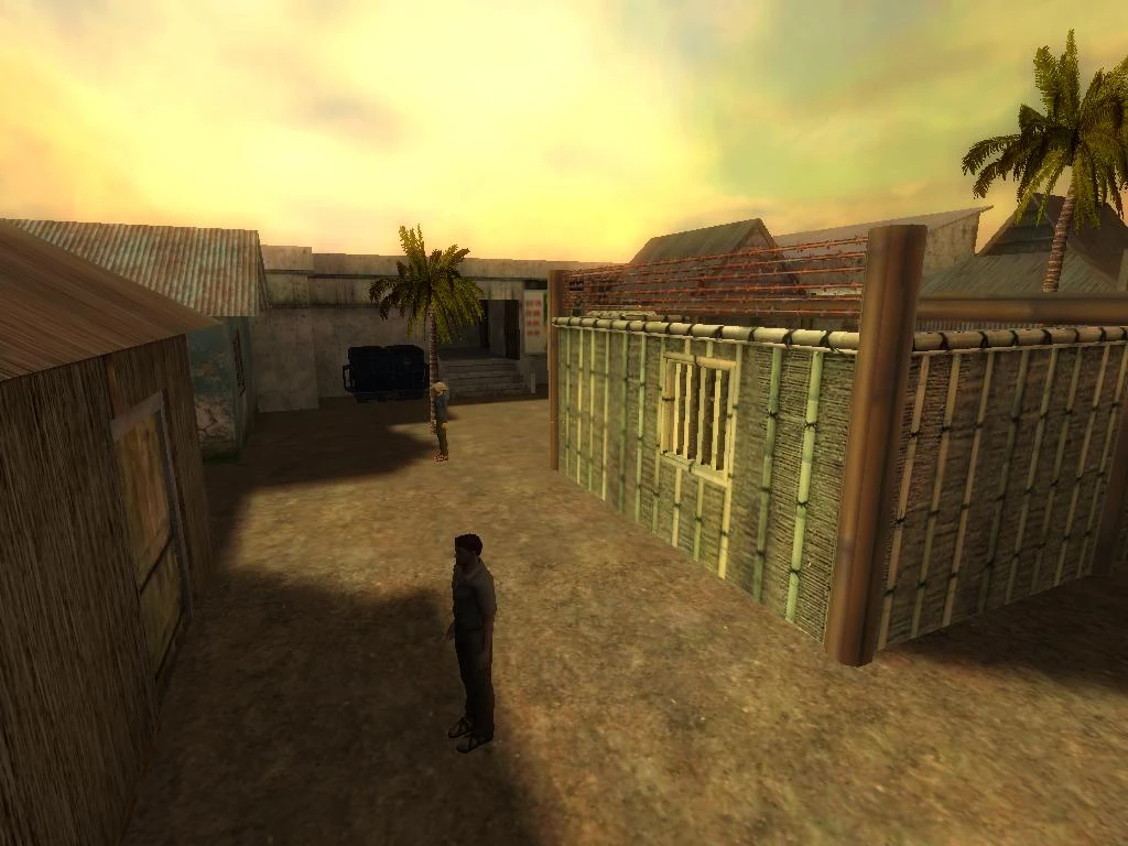 View of two characters standing in a village with bamboo and wooden huts under a sunset sky in Half-Life mod
