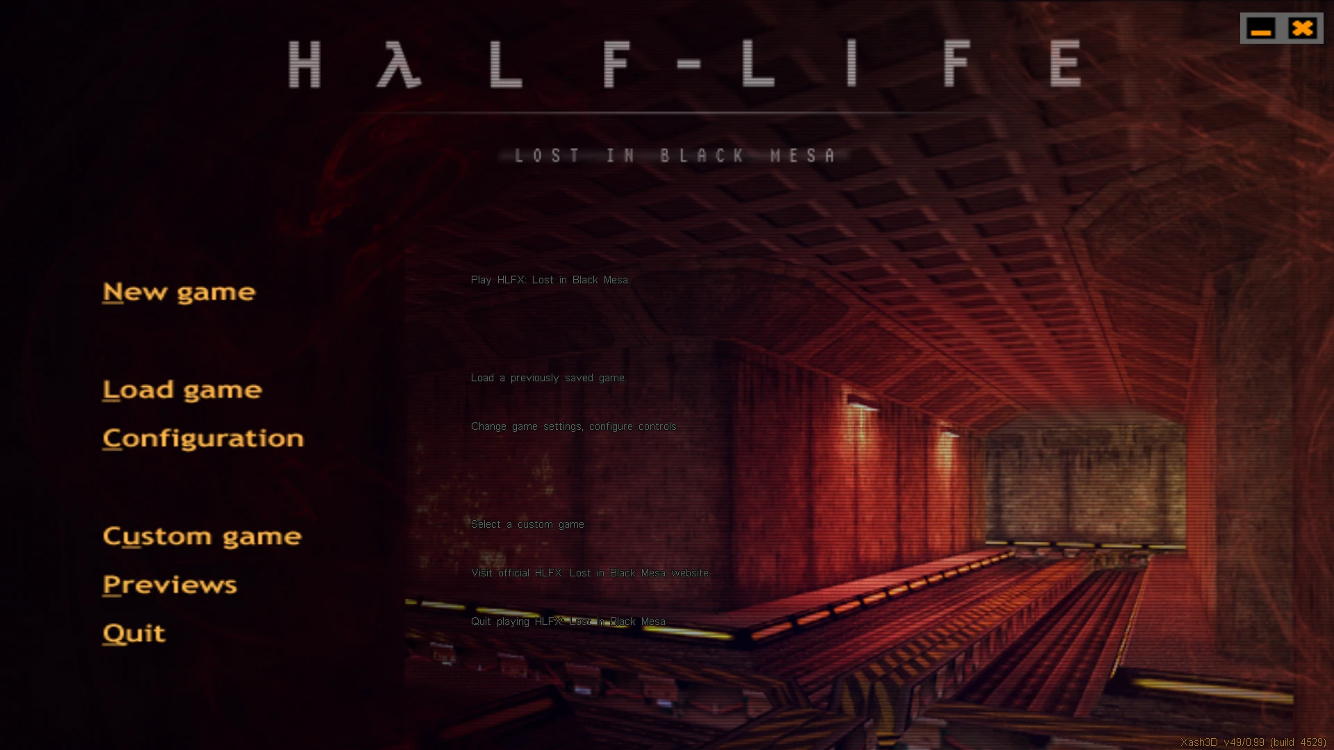 Главное меню мода HLFX Lost in Black Mesa с опциями и красным футуристическим коридором на фоне