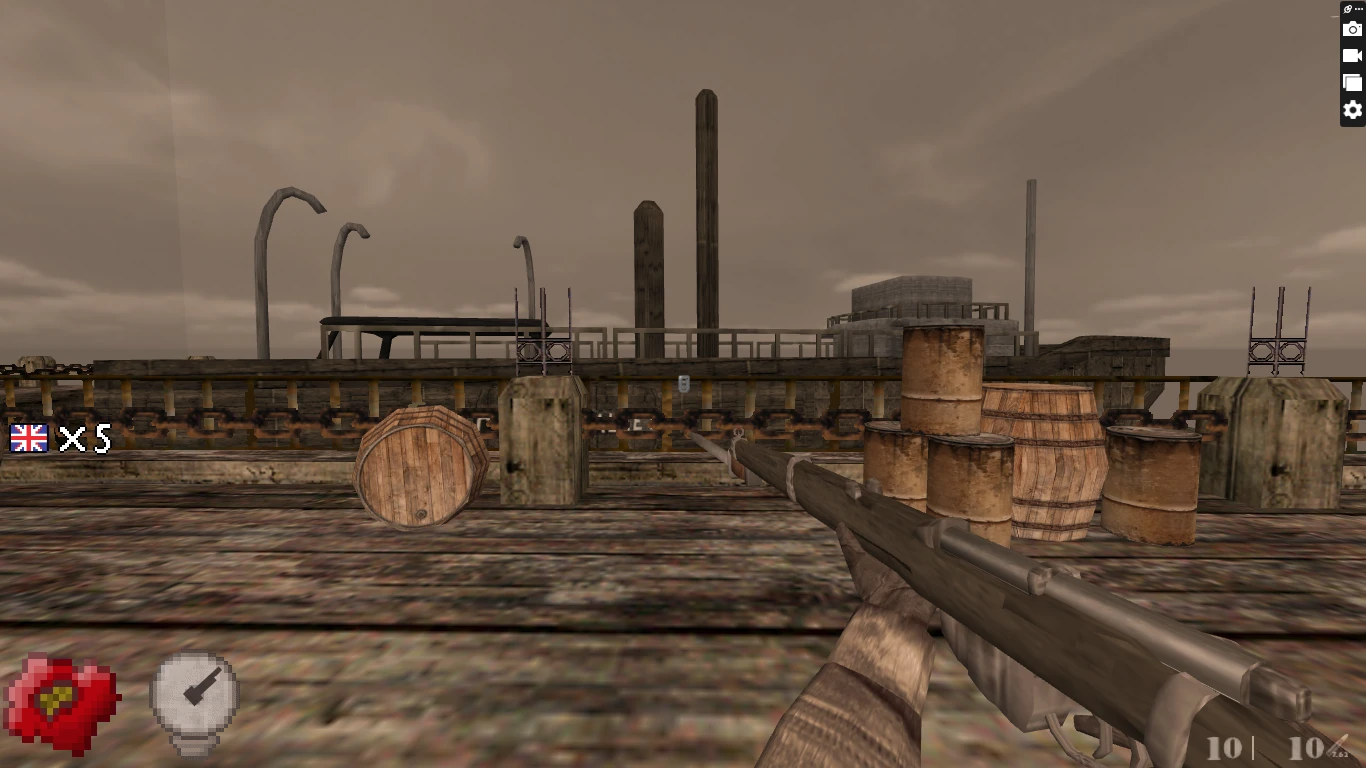 Вид від першої особи снайперської гвинтівки Другої світової, прицілювання по бочках на дерев'яному причалі в моді Half-Life 1998 In Mute Witness Stand
