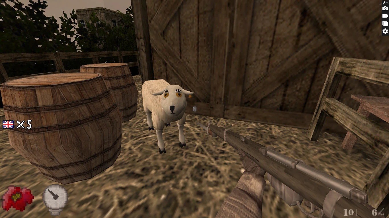 Ігровий вигляд: вівця біля дерев'яних бочок і гравець з вінтажною гвинтівкою в моді Half-Life In Mute Witness Stand