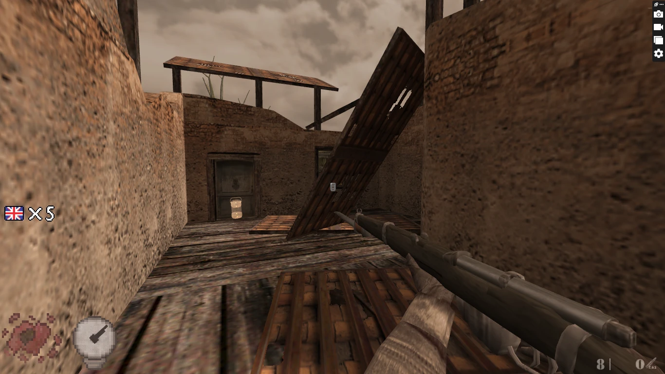 Гравець цілиться з гвинтівки всередині руїн дерев'яно-глиняної споруди під хмарним небом у моді Half-Life