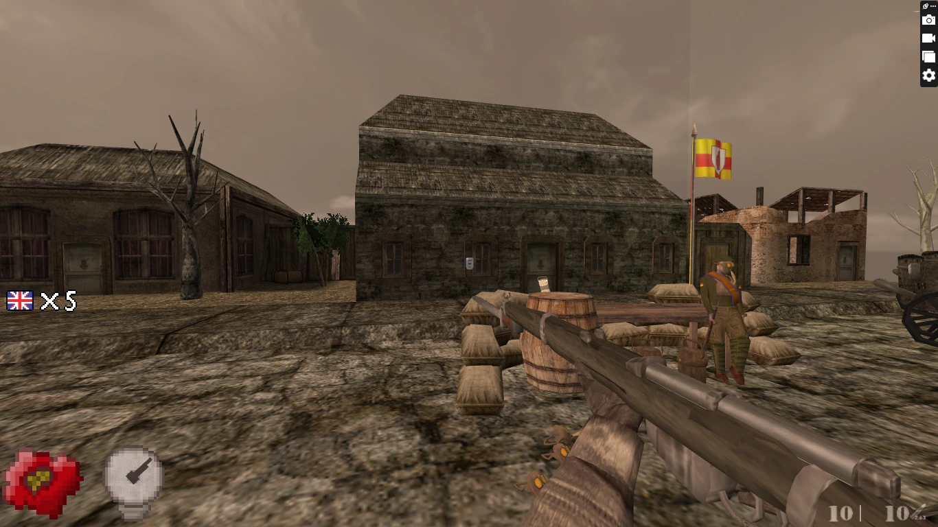 Вид від першої особи зі зброєю, націленою на солдата з прапором біля кам’яних будівель на безлюдному полі бою