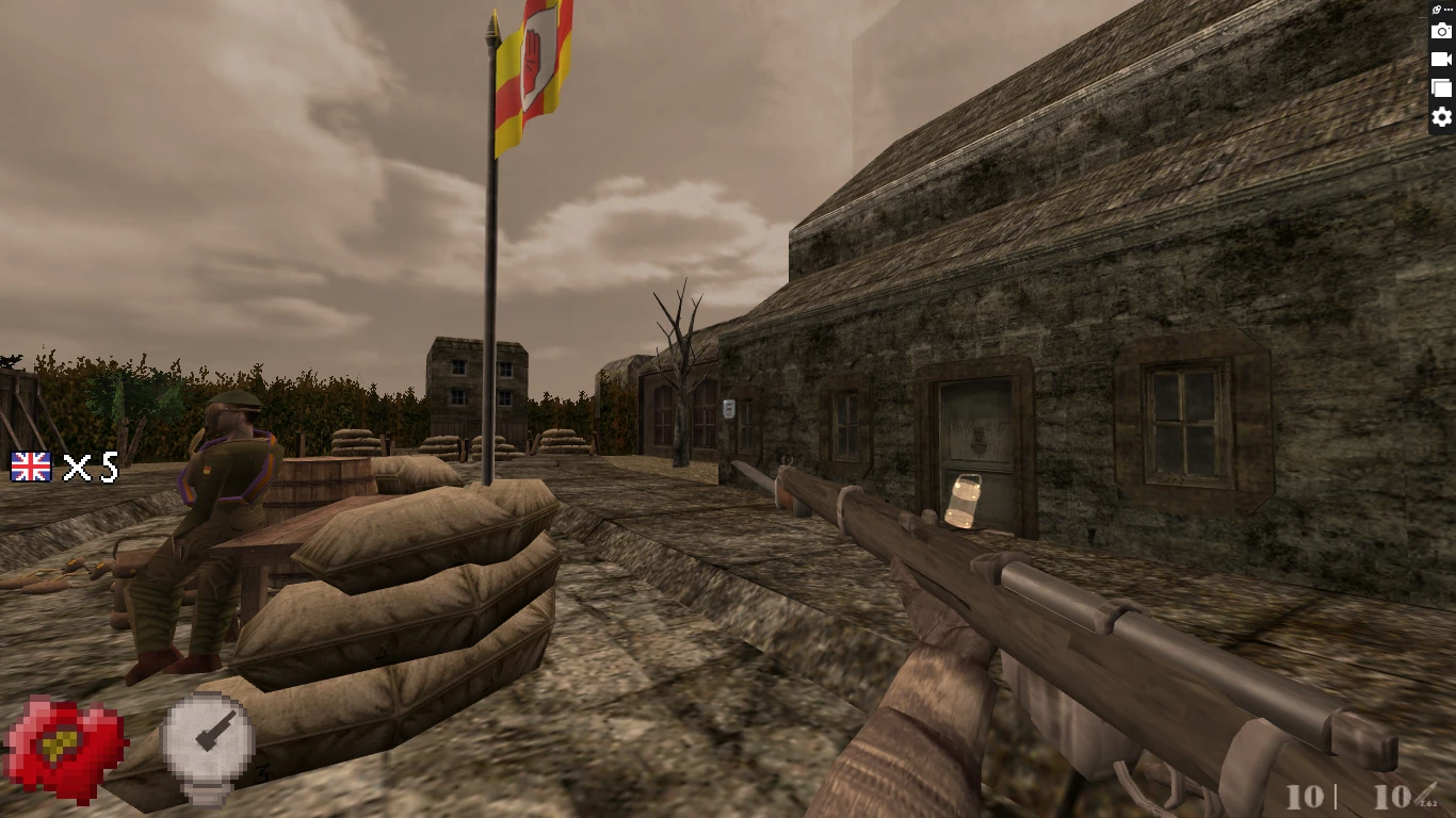 Вид від першої особи з вінтажною гвинтівкою біля солдата поруч із мішками з піском та зруйнованою будівлею в моді Half-Life