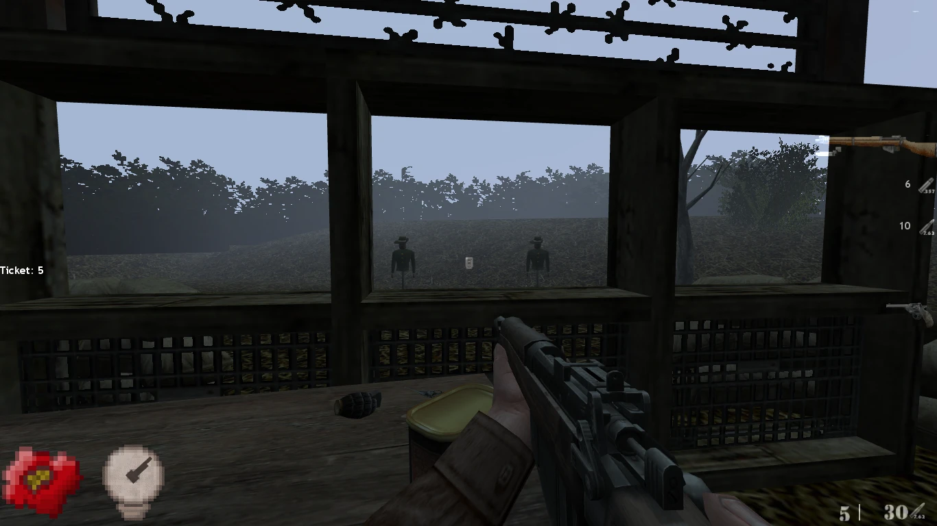 Вигляд від першої особи, де гравець прицілюється з гвинтівки у мішені за дерев'яною кабіною стрільбища