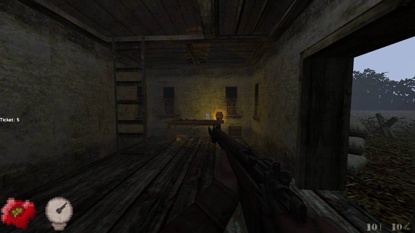 Вигляд від першої особи: гравець із гвинтівкою у дерев’яній кімнаті з драбиною та світною лампою в моді Half-Life