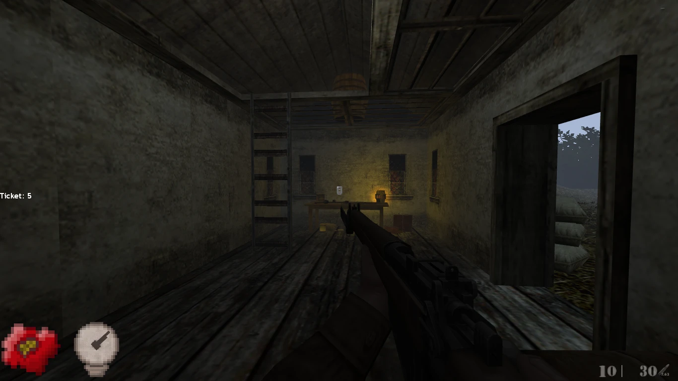 Вид від першої особи: персонаж із гвинтівкою у тьмяно освітленій кімнаті з дерев’яною підлогою та драбиною