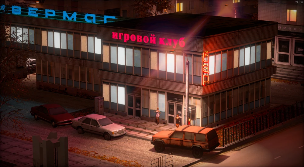 Nocny widok dwupiętrowego budynku z neonowymi znakami klubu gier i baru, zaparkowane samochody w modzie Ionization