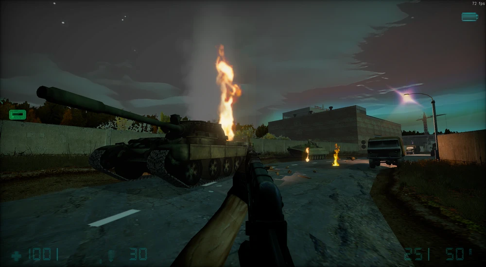 Widok z pierwszej osoby gracza celującego z broni w płonące czołgi i pojazdy na drodze w modzie Half-Life Ionization
