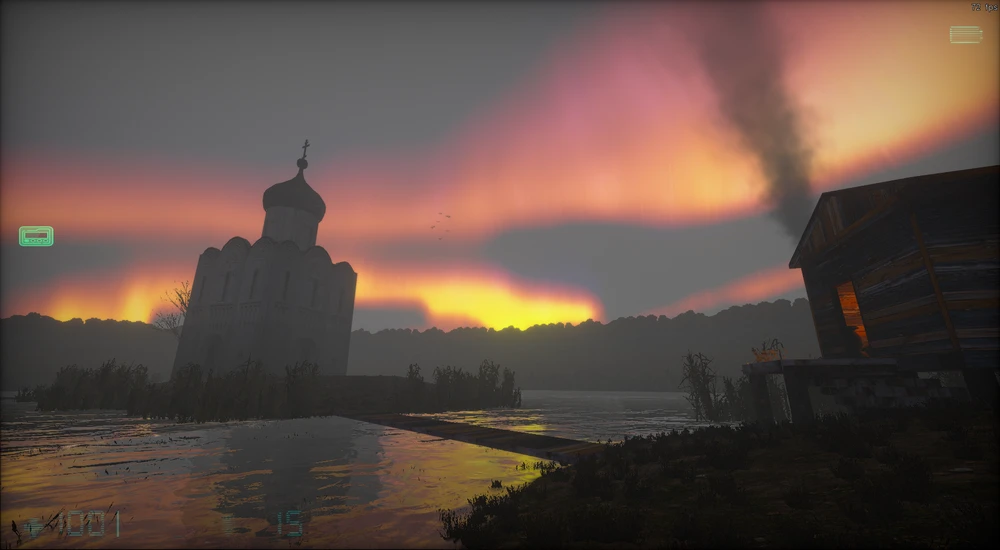 Zachód słońca nad jeziorem z kościołem i drewnianą chatą w modzie Ionization do Half-Life