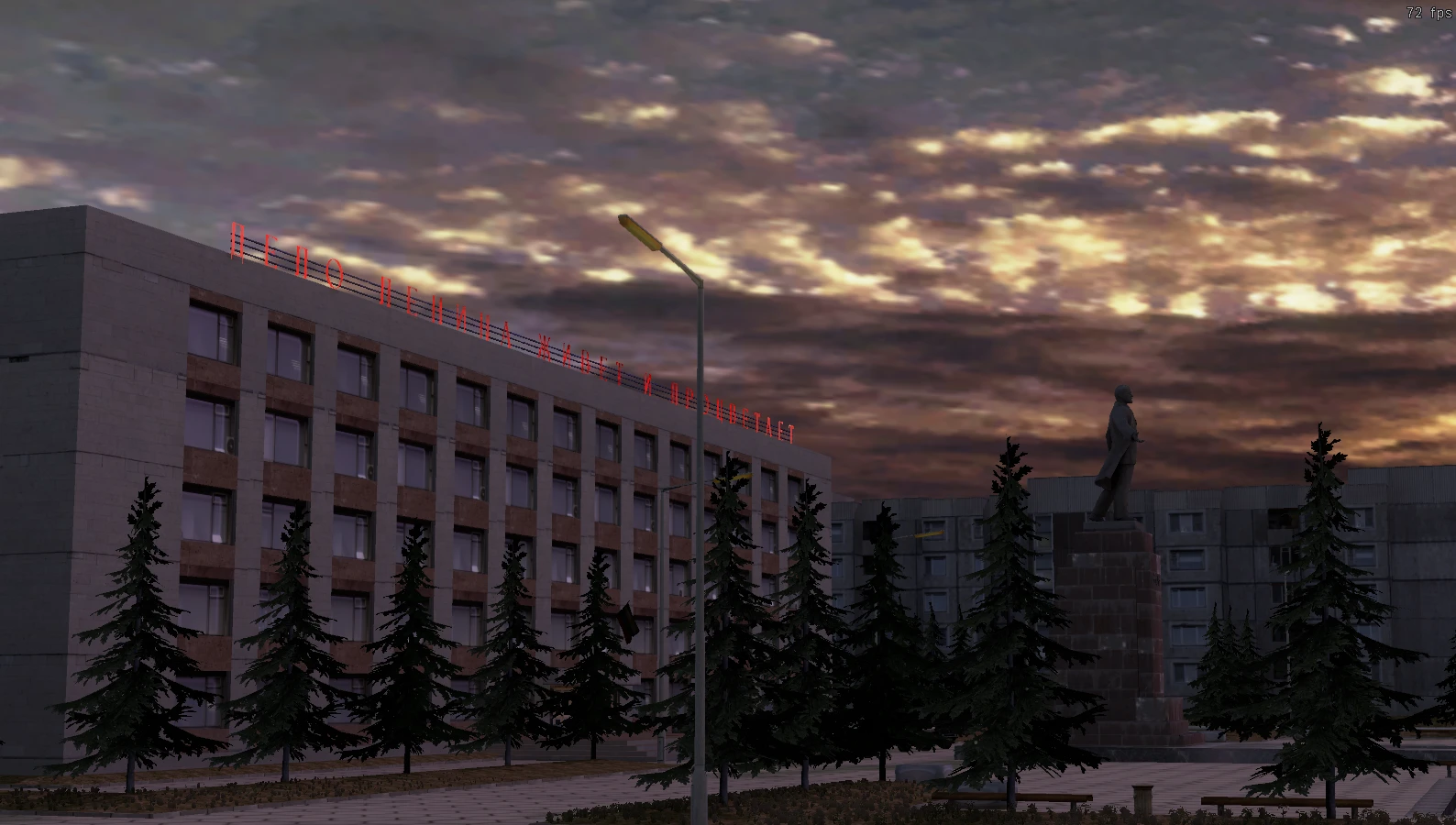 Zrzut ekranu z moda Half-Life Ionization przedstawiający ciemny zachód słońca nad pomnikiem Lenina i budynkiem z czerwonym neonowym napisem
