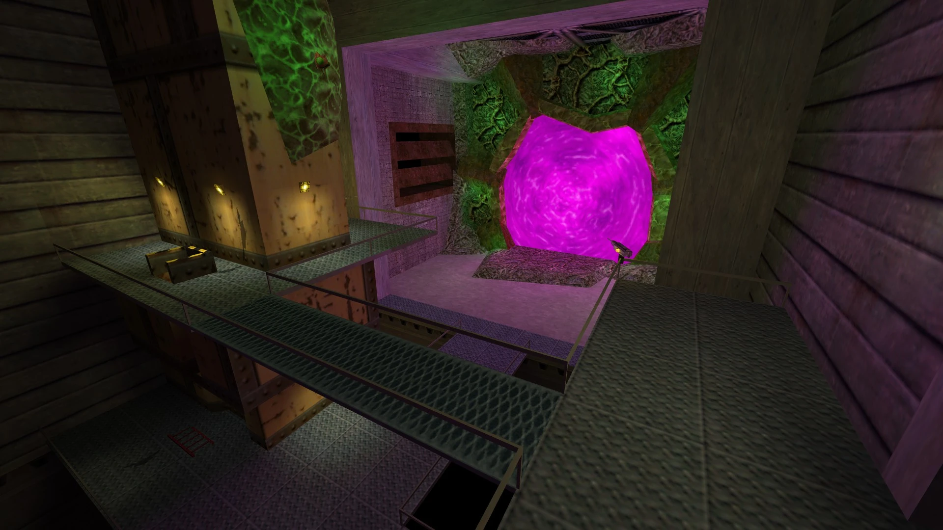 Metal walkways overlooking glowing purple alien portal surrounded by green organic textures in industrial setting