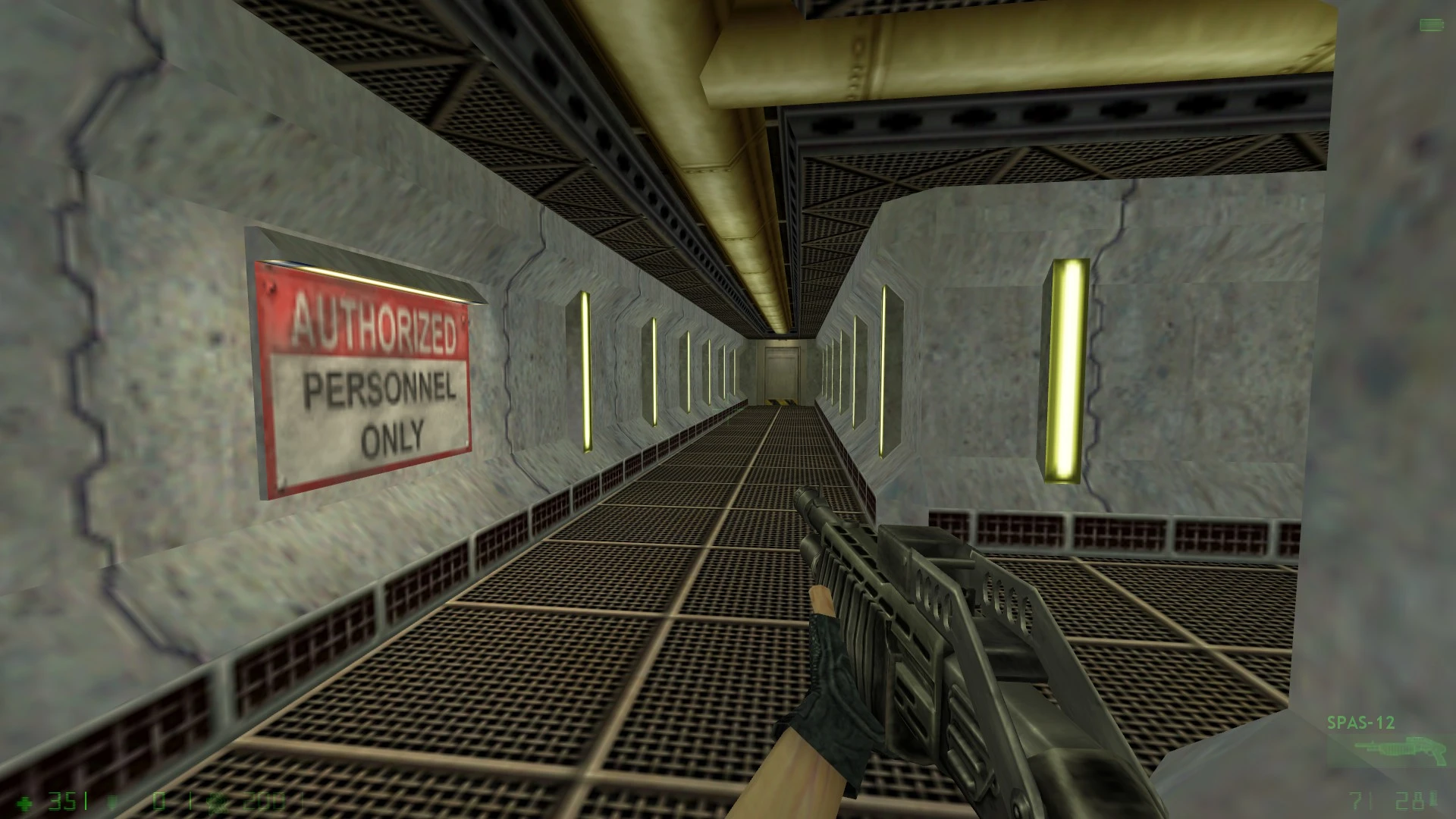 Player holding SPAS-12 shotgun in a metal corridor with 'Authorized Personnel Only' sign in Half-Life mod