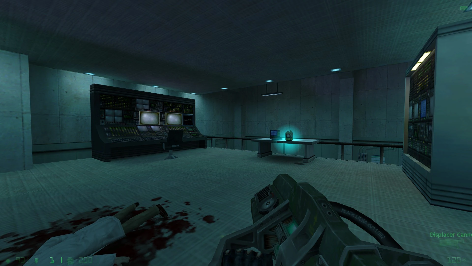 First-person view inside a concrete lab with computer consoles, a glowing device on table, and a Displacer Cannon weapon