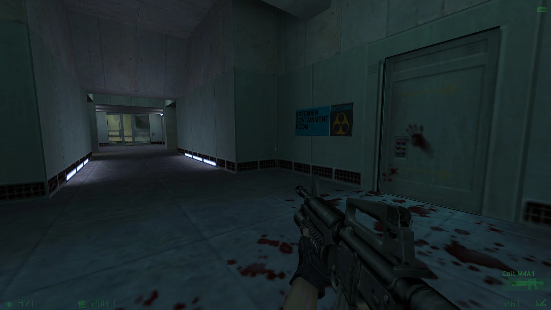 First-person view in corridor showing blood stains and a door labeled Specimen Containment Room in Half-Life mod