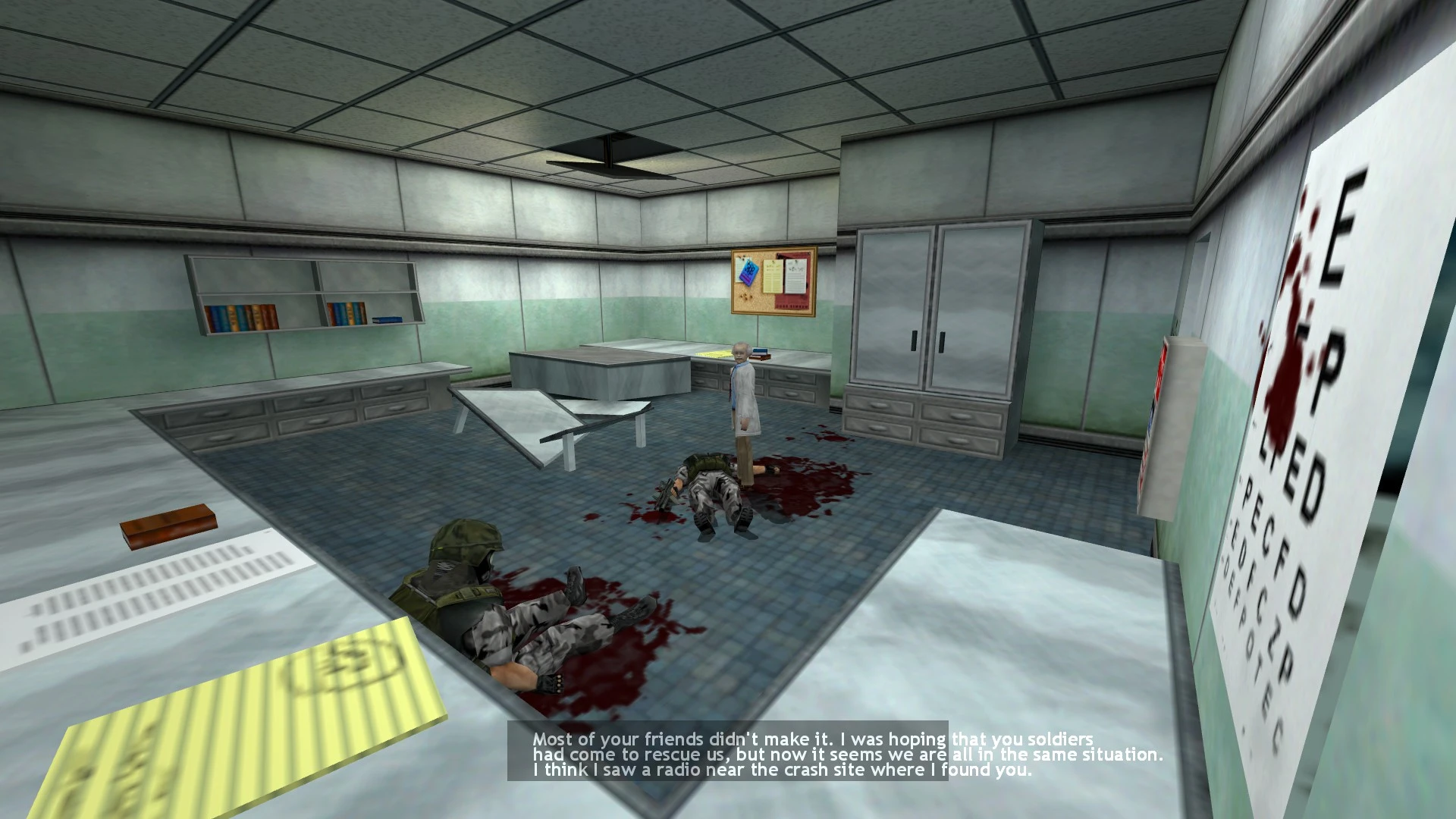 In-game view from Half-Life Opposing Force Enlightened mod showing two dead soldiers, a scientist, blood stains, and damaged furniture in a lab room