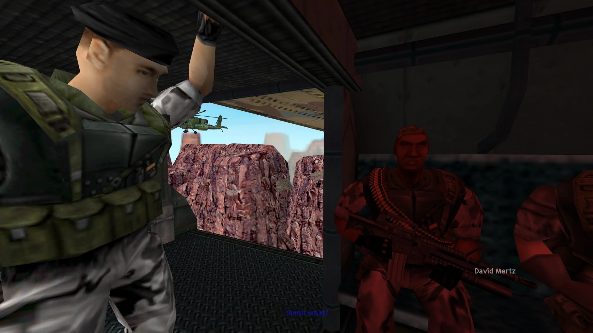 Two soldiers inside a military helicopter flying over rocky terrain in Half-Life Opposing Force Enlightened mod