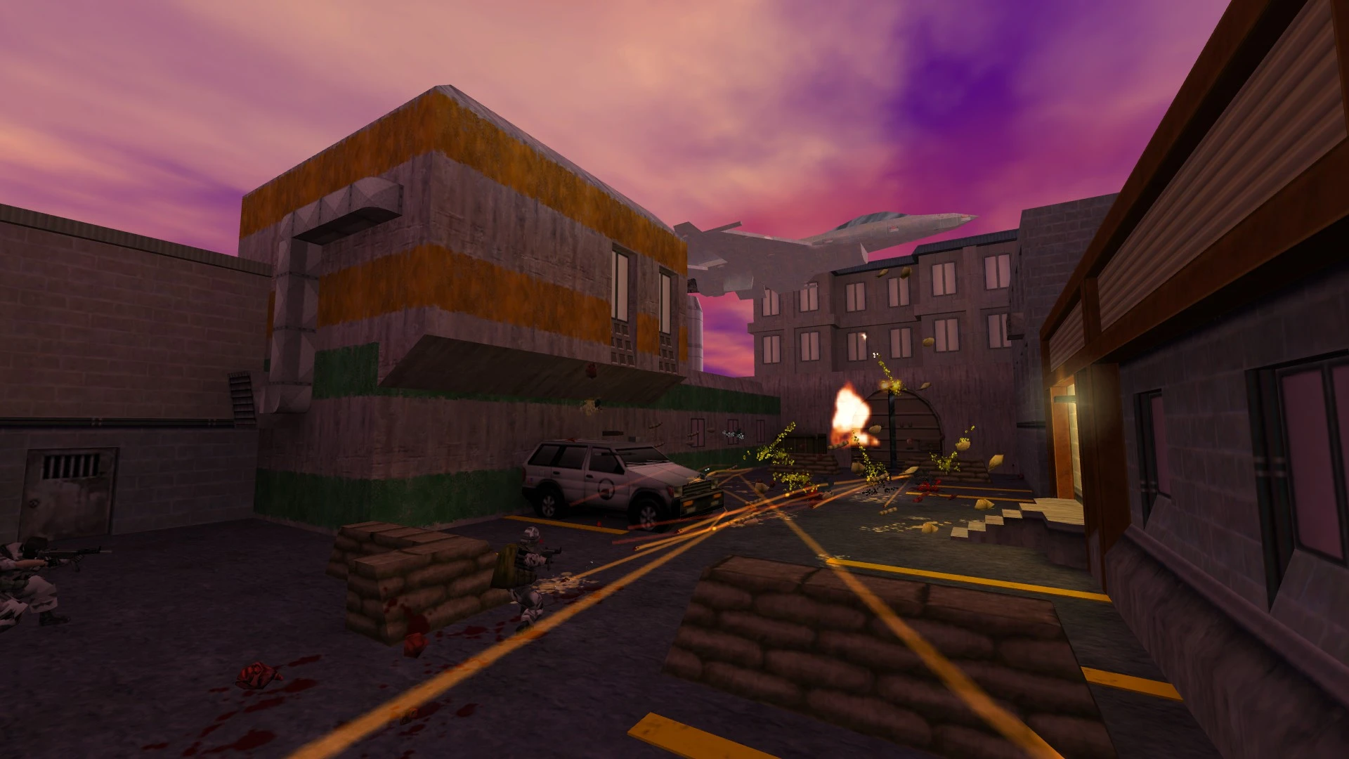 Zrzut ekranu moda Reprocessing do Half-Life przedstawiający żołnierzy strzelających w miejskiej strefie wojny z odrzutowcem nad nimi o zachodzie słońca
